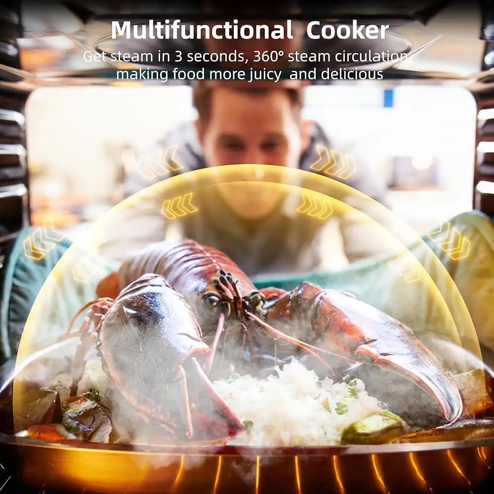 เตาอบพาไฟฟ้าในตัวขนาด 24 นิ้ว 70 ลิตรพร้อมโหมดการทําอาหาร 8 โหมด 108 เมนูอัจฉริยะฟังก์ชั่นไอน้ําทอดอากาศ 3000W เครื่องทําความร้อน