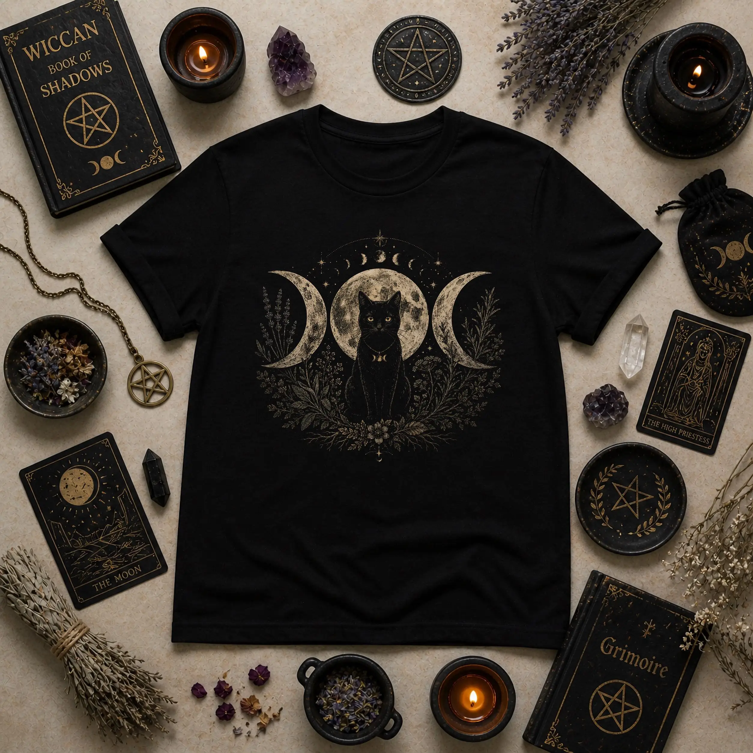 Black Cat Triple Moon Shirt: Hexenkatzen-T-Shirt | Paganisches Mondphasen-T-Shirt | Wicca-Familiengeschenk | Mystisches Unisex-Shirt Hexengeschenk – Detail 3