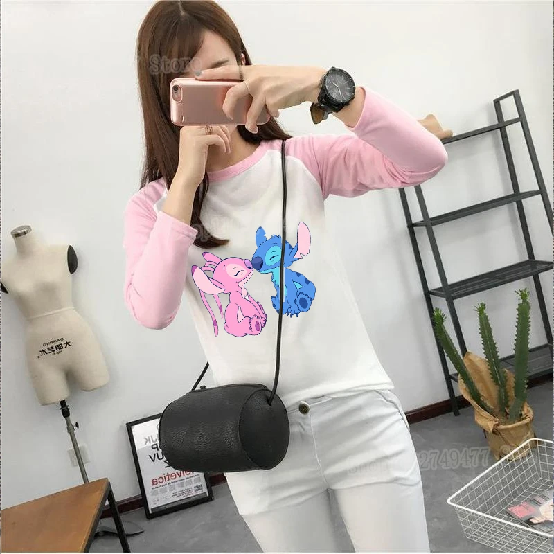 Cartoon Disney stitch women's base shirt cute round neck loose long sleeved top sweet pullover hoodie spring autumn clothing