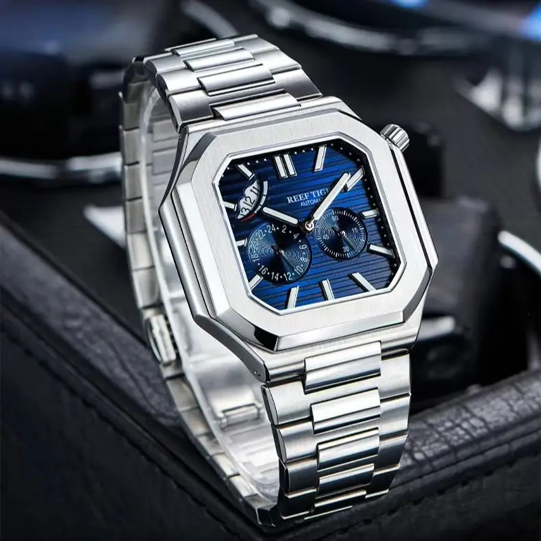 Reef Tiger Men Automatic Watch 44mm Square Mechanical Wristwatch 5ATM Luminous Sapphire Power Reserve Display & 24 Hours Dial
