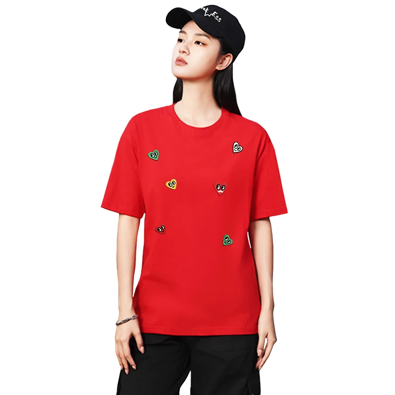 Frauen Baumwolle T-shirt Sommer Oansatz Kurzarm Gerade Lose Tops 3D Stickerei Liebe Herz Auge Bart Muster Casual Tees