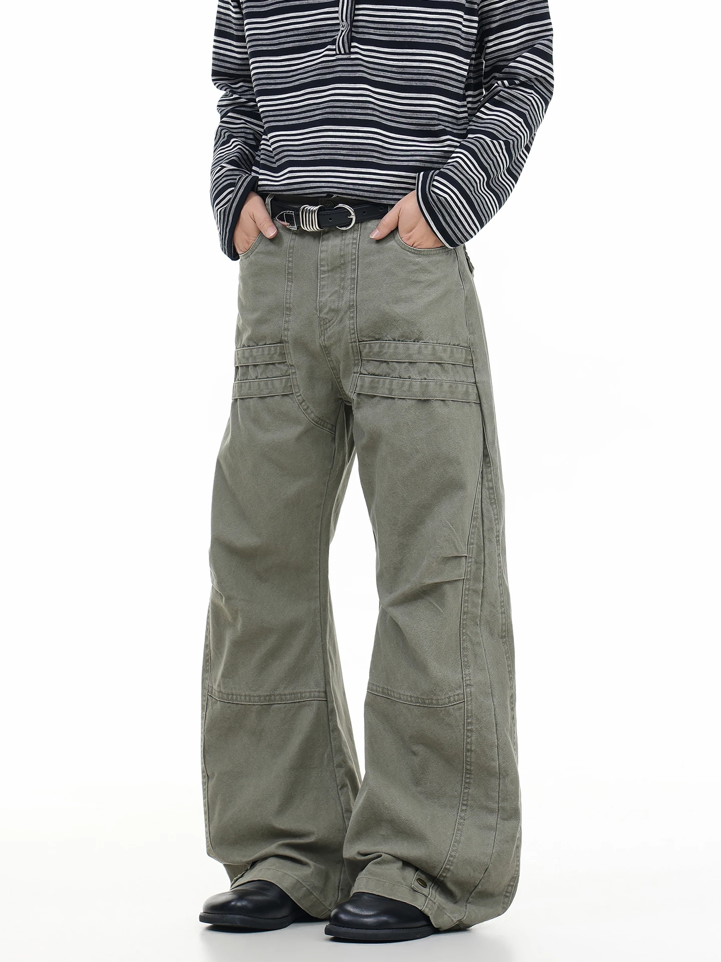 Calças Casuais de Perna Larga Unissex Estilo Workwear Vintage Streetwear Soltas ACTHBKIC Jeans Desconstruídos Plissados com E...