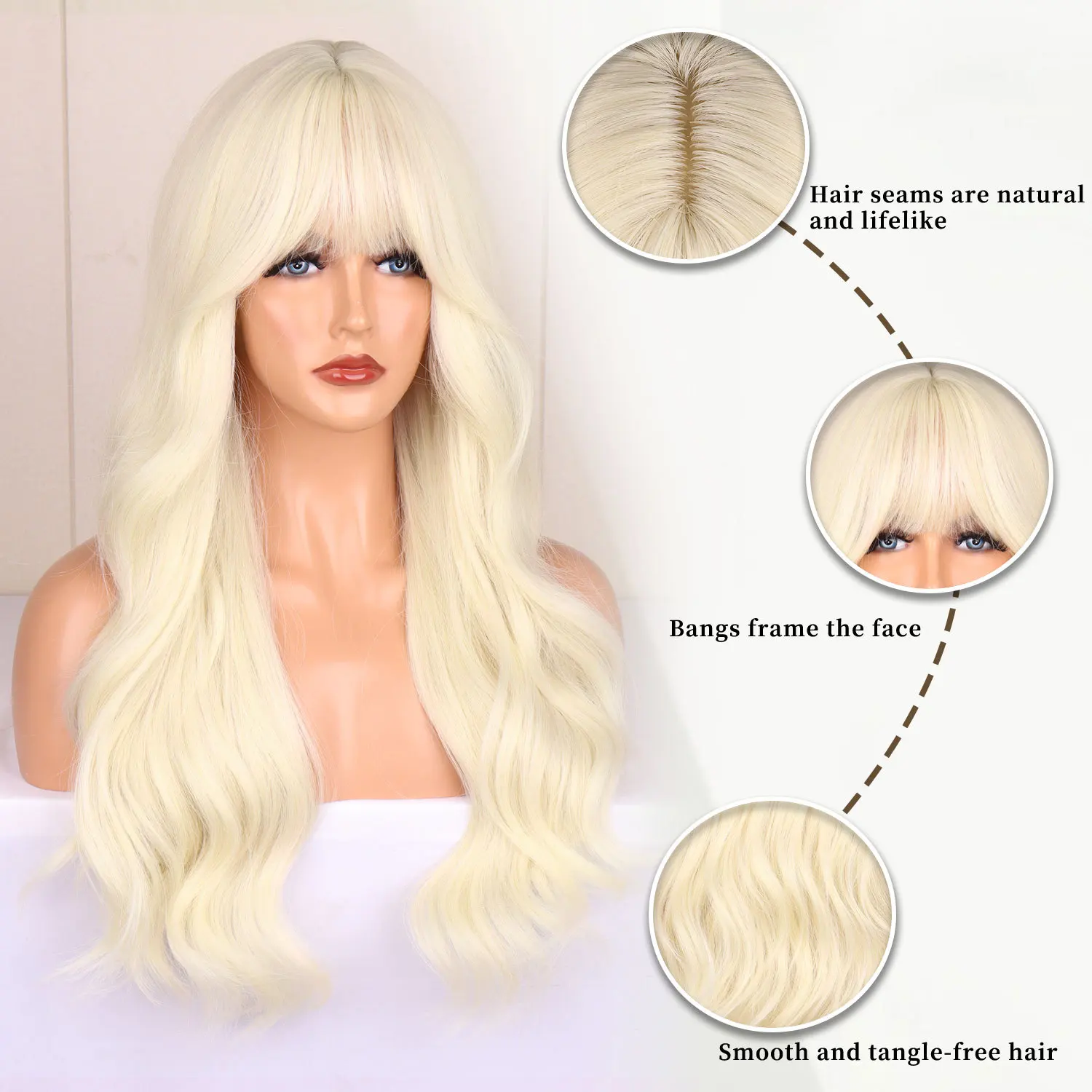 Blonde synthetic wig with straight bangs Ladies Cosplay wig High temperature silk wig set with big waves and long curly hair image 4