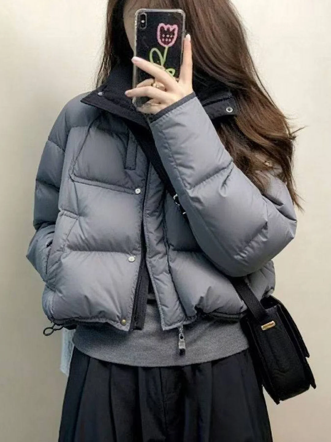 

Trendy Korean Grey Cotton Jacket Women's Winter Thickened Short Size Small Cotton Clothes Warm Stand Collar Zipper Pure Color