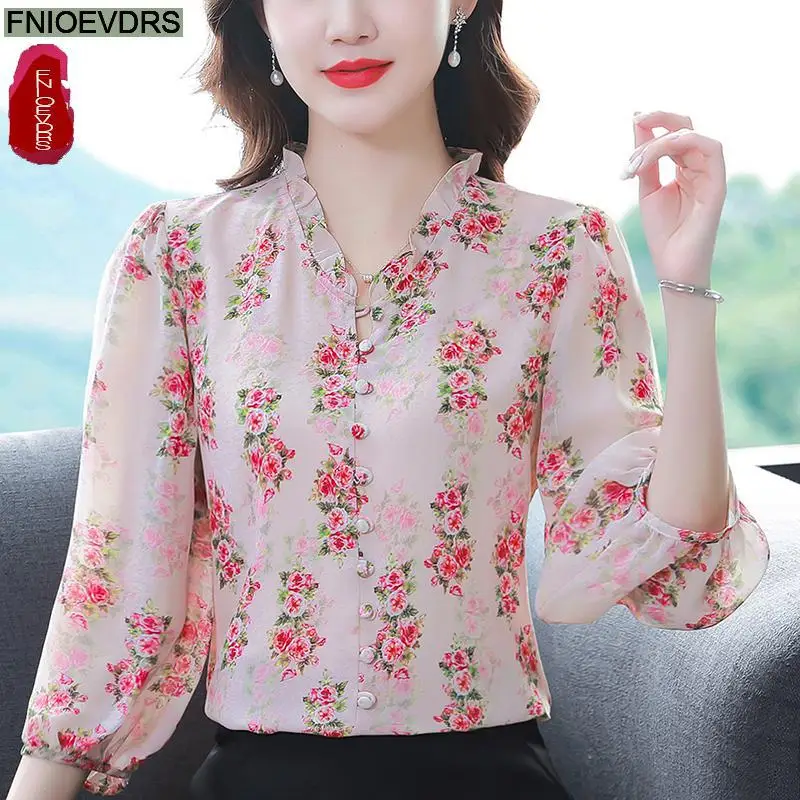 Tops vintage retrô floral feminino, camisa de botão elegante senhora do escritório, blusa solta casual, verão, M-3XL 2023