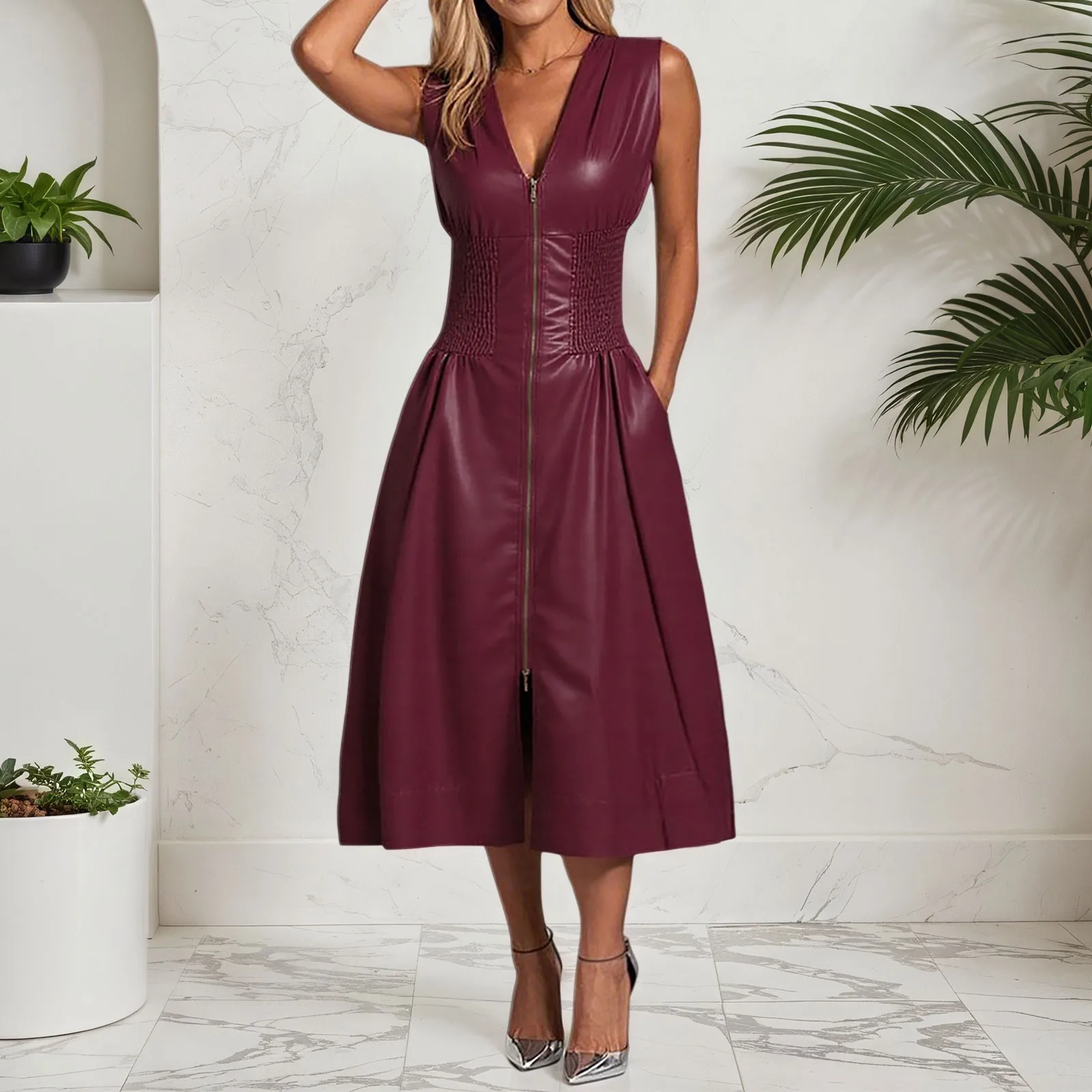 

PU Leather Women's Zip Up Dress Sleeveless Casual Long Dress Stylish Solid Color Comfortable Fashion Night Party Women Outfit