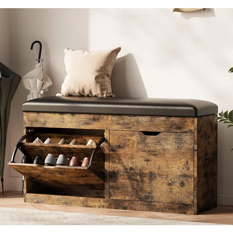

40" Shoe Storage Bench with 2 Flip Drawers & Padded Seat Cushion, Shoe Bench Organizer Vintage Brown