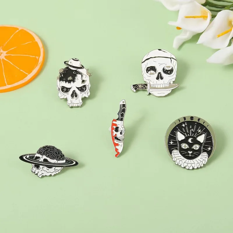 Dark Black Punk Style Enamel Pin Skull Knife Cat Planet Decorative Gothic Brooch Denim Lapel Pins Jewelry Gifts Wholesale