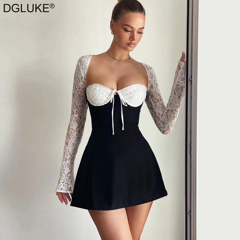 DGLUKE Elegant Lace Patchwork Long Sleeve Mini Dress Lac-Up Backless A-Line Dress Fashion Short Party Prom Dress Gown