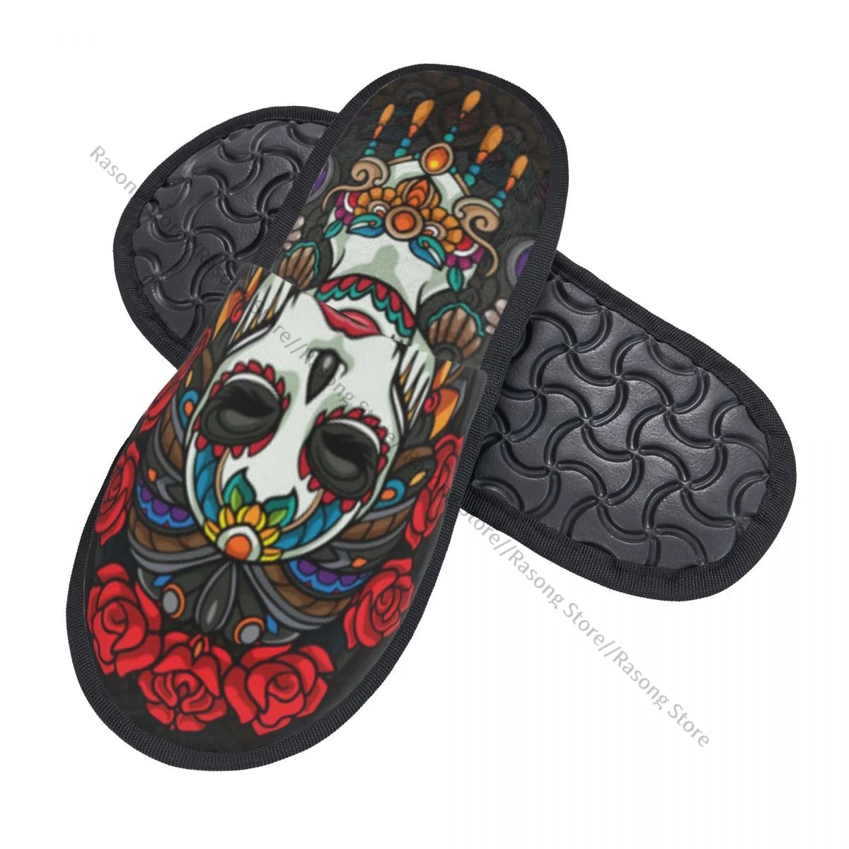 Plush Indoor Slippers Colorful Calavera Girl Mandala Arts Warm Soft Shoes Home Footwear Autumn Winter