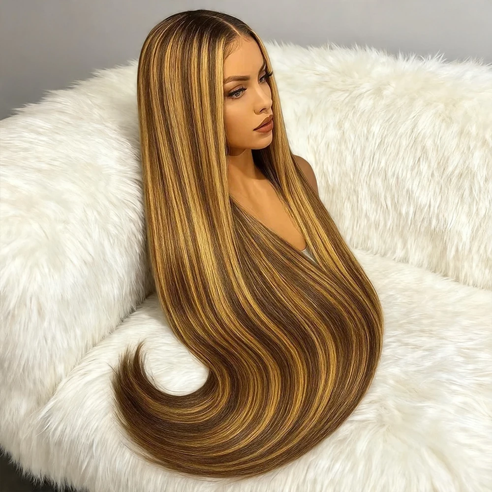 

38 Inch Bone Straight Highlight Human Hair Wigs 250 Density Hd Transparent Lace Frontal Wig 4/27 Honey Blond Ombre Wig For Women