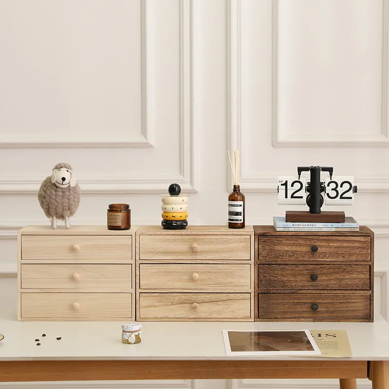 Solid Wood Desktop Storage Organizer, Multi-Layer Drawer Cabinet, Stackable Wooden Box for Office Supplies Countertop Shelf