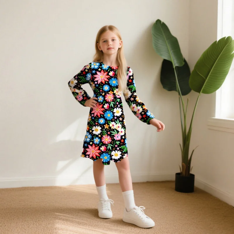 

2025 Girls' Fresh Floral Print Short - Sleeve Dress