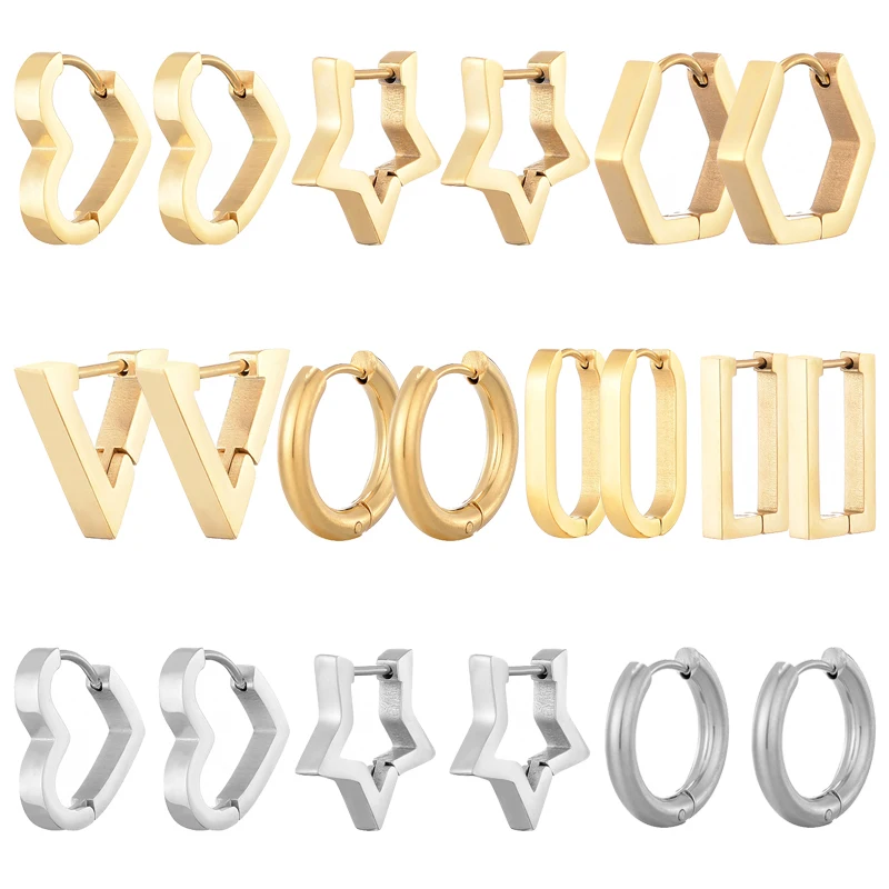 Classic Stainless Steel Hoop Earrings For Women Men Heart Star Oval Rectangle Round Triangle Gold Color Punk Hip Hop Jewelry