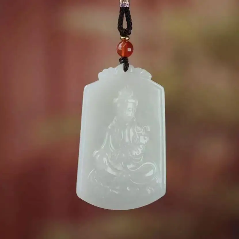 

Chinese Natural White HeTian Jade jadeite Hand-Carved pendant GuanYin gentleman