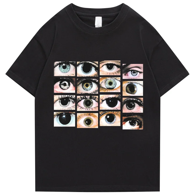 2022 Men Hip Hop Streetwear T Shirt Eyes Printed Harajuku T-Shirt Cotton Casual Tshirt Summer Short Sleeve Tops Tees Black