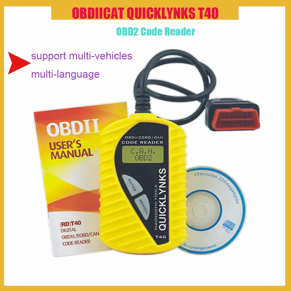 

OBDIICAT QUICKLYNKS T40 Многоязычный сканер CAN OBDII T40 Считыватель кодов Автоматический диагностический инструмент OBD2 EOBD JOBD Гарантия один год