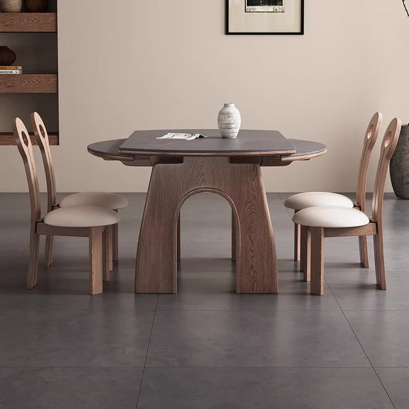 French solid wood folding dining table and chair combination, retractable high-end rock slab medium antique dining table