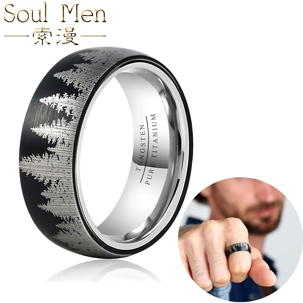 

8mm Titanium Mens Wedding Band Forest Black Tungsten Rings For Men Fashion Mountain Landscape Engagement Band Comfort Fit