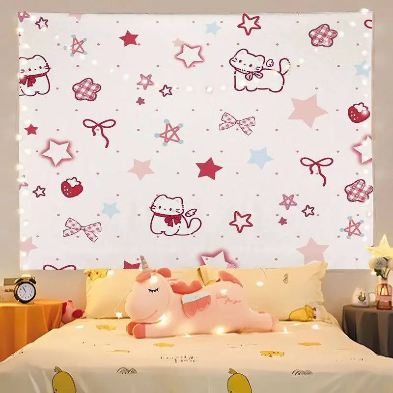VIKAMA Pink Cute Cartoon Kitten Tapestry, Bow, Floral, and Dessert-Themed Tapestry, Wall Decor for Bedrooms and Dorm Rooms
