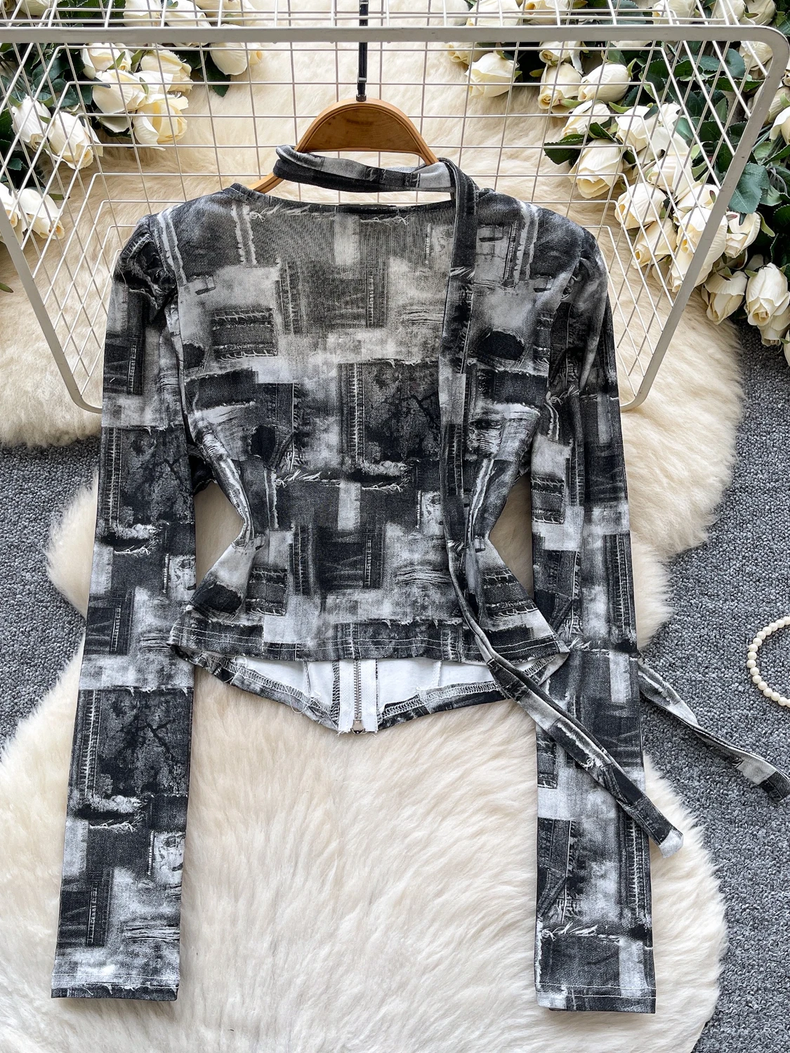 

Retro Sle Women's ort irt Slim Fit Long Sve Square Collar Zipper Design Faionable Autumn Top Polyester Fiber Print