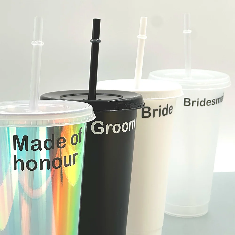 Wedding Plastic Cup with Lid and Straw, Personalised Cup, Wedding Favours,  Bride, Groom, Bridesmaid, Best Man, Wedding Roles