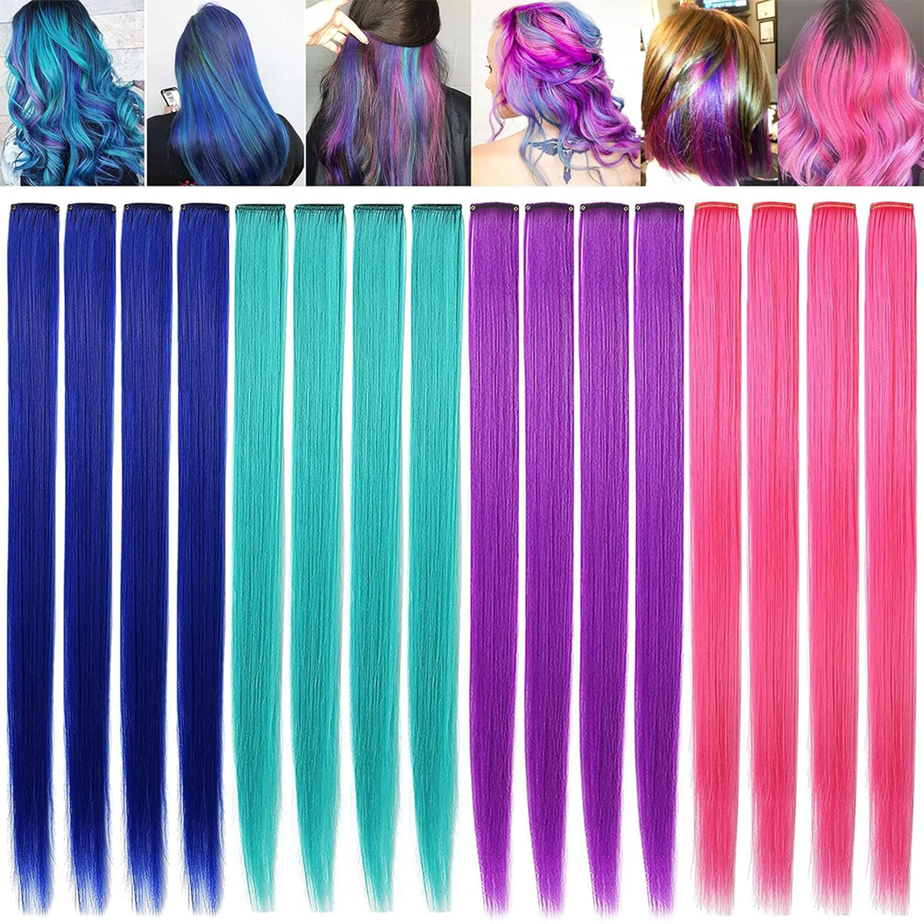 

Colored Party Highlights Clip in Hair Extensions for Girls 22 Inches Omber Colors Straight Hair Synthetic Hairpieces