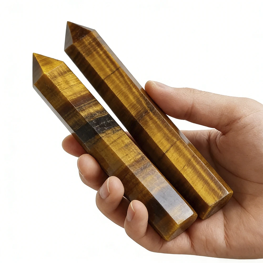 

5.91" Tall Tiger Eye Stone Single Pointed Hexagonal Prism Crystal Point Wand Home Decor Stone Crafts Crystal Tower 2pcs Set