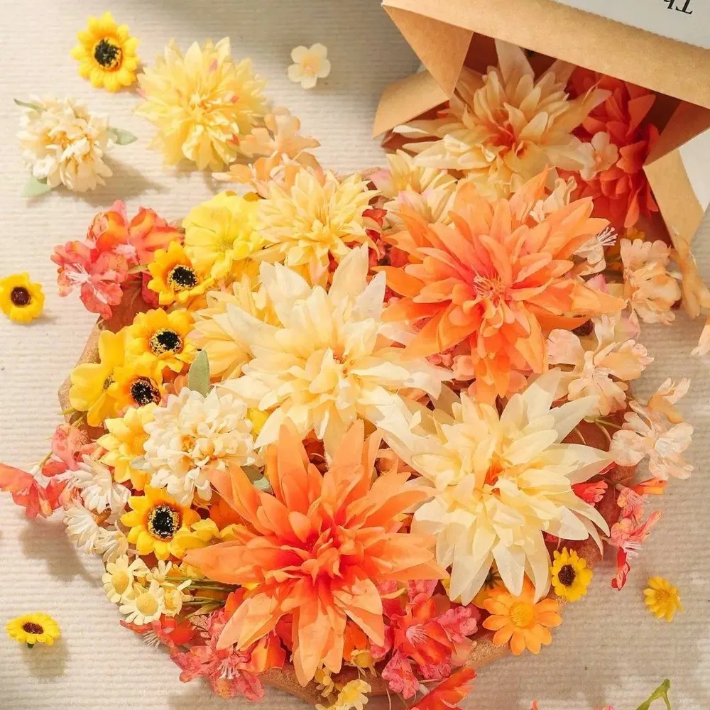 15/50Pcs Fall Orange Artificial Flowers Heads Bulk Silk Fake Flowers For DIY Craft Garland Wedding Decoration Home Floral Decor