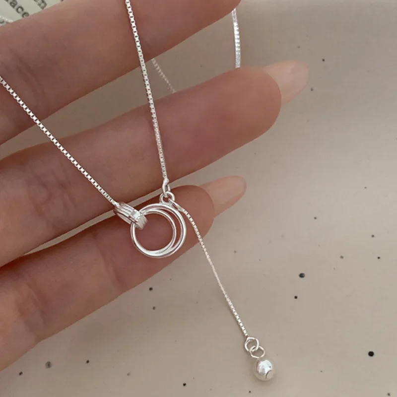 PANJBJ 925 Sterling Silver Geometry Pendant Necklace for Women Girl Hollow Out Tassels Bead Jewelry Party Gift Dropshipping