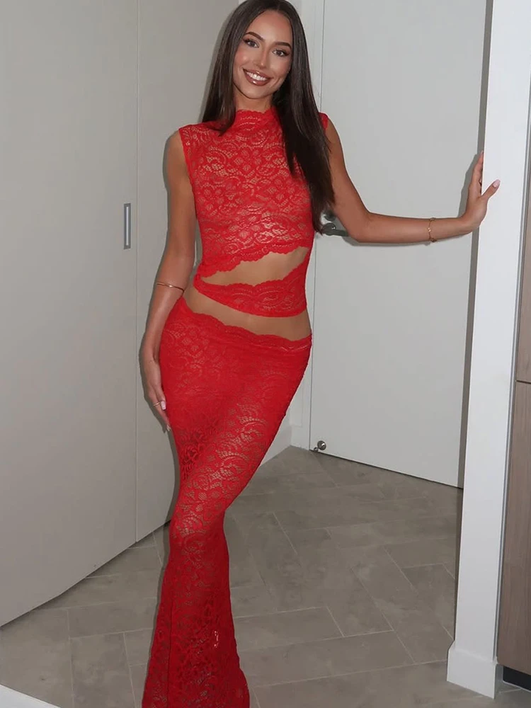 Nibber Mode Durchsichtig 2 Stück Set Frau oansatz Unregelmäßigen Hohl Design Crop Tops + Elastische Taille Röcke Mitternacht Sexy anzug