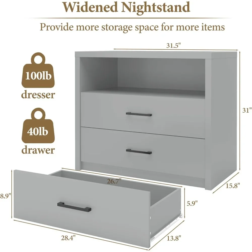 

Bedside Table with 2 Drawers, Tall Bedside Table with Open Shelves, Wooden Small Dressing Box with Bedroom Drawers