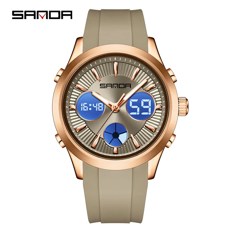 

SANDA9105 2025 new men's watch, women's LED dual display night light three place time stopwatch, waterproof student sports watch