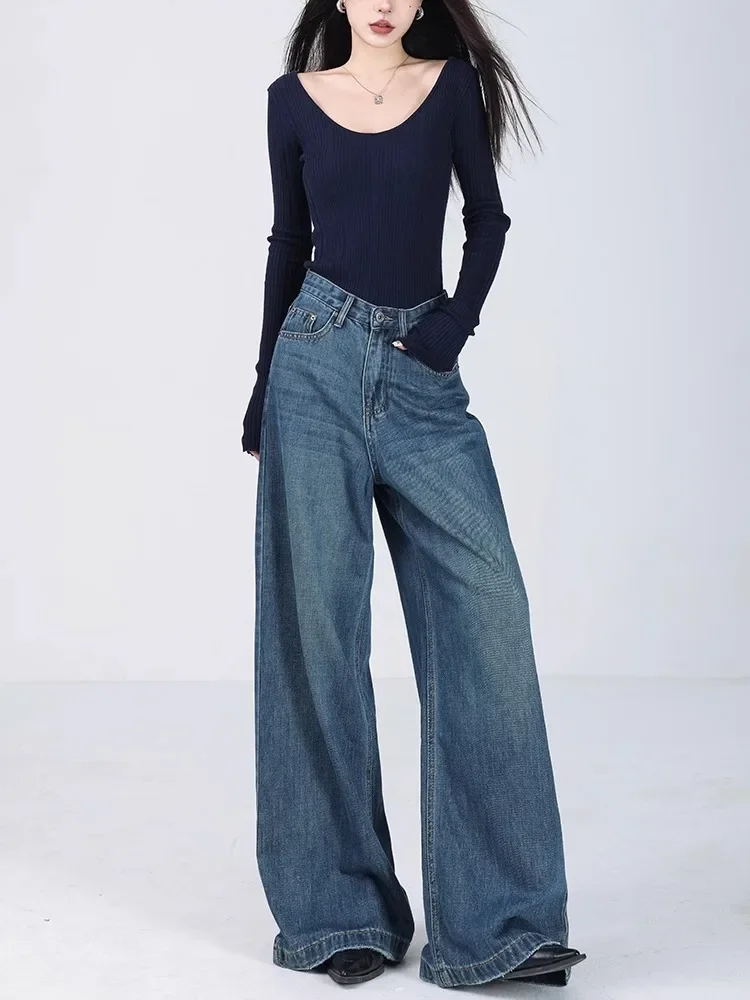 

Blue American Wide Leg Jeans For Women In Spring And Autumn, New Loose Fit High Waist Slimming Straight Leg Floor Pants