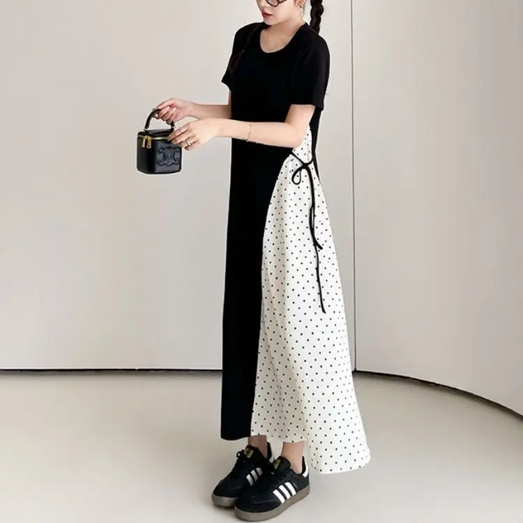 Couleur Blo ort Sve longue Dr grande taille femmes coupe ample minceur à pois t-shirt robe taille haute jupe trapèze