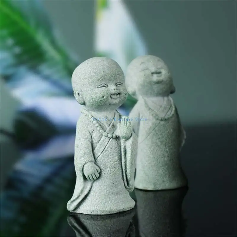 

M76D 3Pieces Miniature Monk Sculptures in Faux Sandstone Resins Buddhism Figurines for Meditations Space Decorative Ornaments