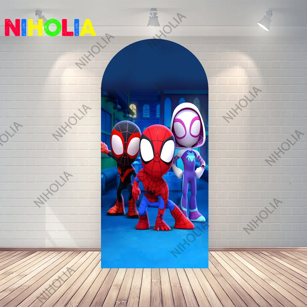 Spiderman dessin animé arc couvre Photo toile de fond bébé douche Photo fond garçons fête d'anniversaire double face tissu Photo stand accessoire