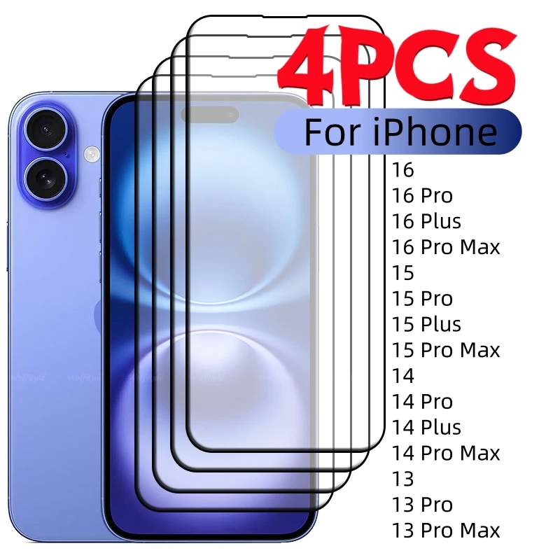 

4pcs For iPhone 16 Glass iPhone 16 Pro Max Tempered Glass Full Cover Glue 9H HD Screen Protector iPhone 16 Plus 15 14 13 Pro Max