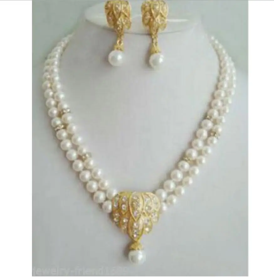 

Jewelry 2 rows white pearl pendant earrings necklace sets