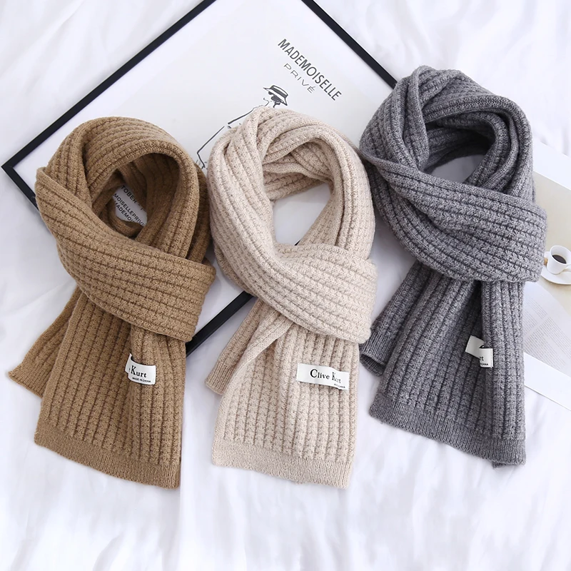 Autumn Winter Ladies Fashion Korean Style Sripe Knitted Scarf Solid Colour Women Long Warm Thick Neckerchief