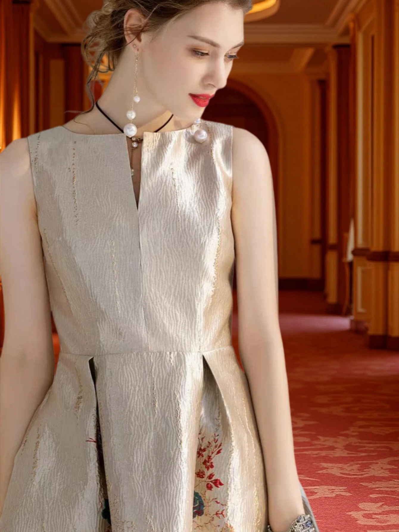Luxury Women Fashion High Quality Jacquard A Line Ball Gowns Sleeveless Summer Casual Clothing Midi Femme Party Dressses