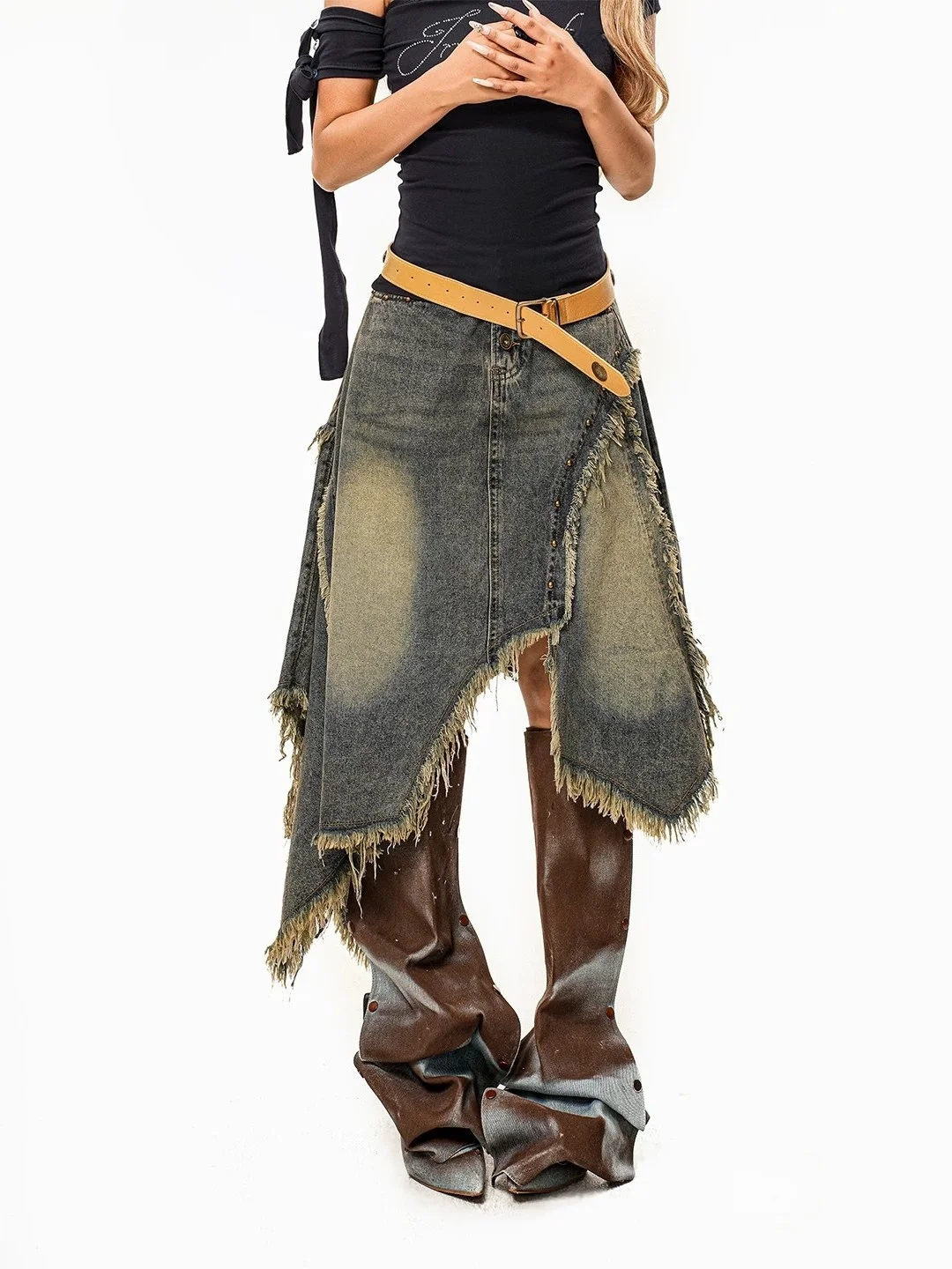 

Retro Washed Denim Skirt Asymmetrical High Waist A-Line Skirt for Women Summer Casual Style with Pockets Non-Stretch