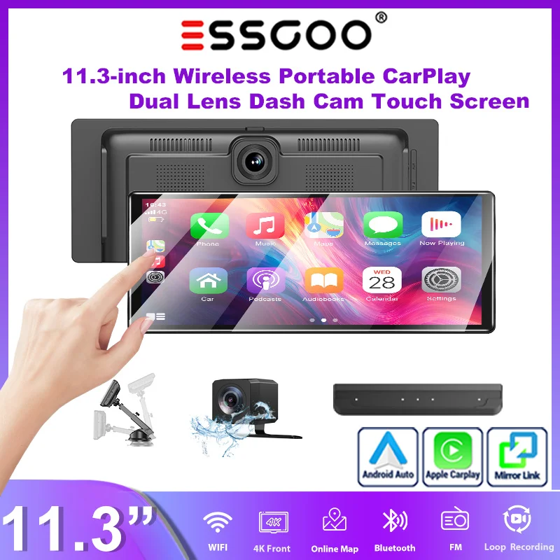 Tragbare Anzeige ESSGOO 11.3" 4K CarPlay Touchscreen universal für LKW Drahtloses Android Auto Doppellinsen-Dashcam-Rekorder Rückfahrkamera GPS NAVI Mirror Link WiFi FM Bluetooth TF Sprachsteuerung