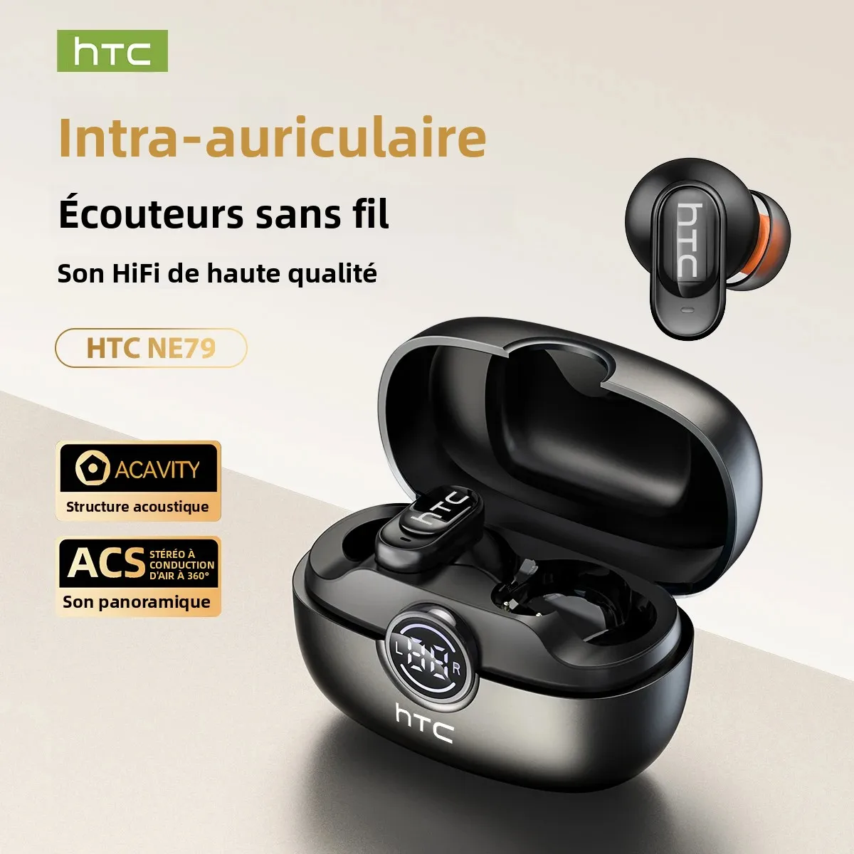 Écouteurs sans fil Bluetooth HTC NE79 TWS : Écouteurs traducteurs IA, réduction de bruit, longue autonomie, audio premium