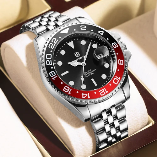 Reloj QINGXIYA de cuarzo de lujo para hombre, Reloj luminoso resistente al agua con fecha para hombre, relojes de pulsera de negocios de acero inoxidable, Reloj masculino + caja