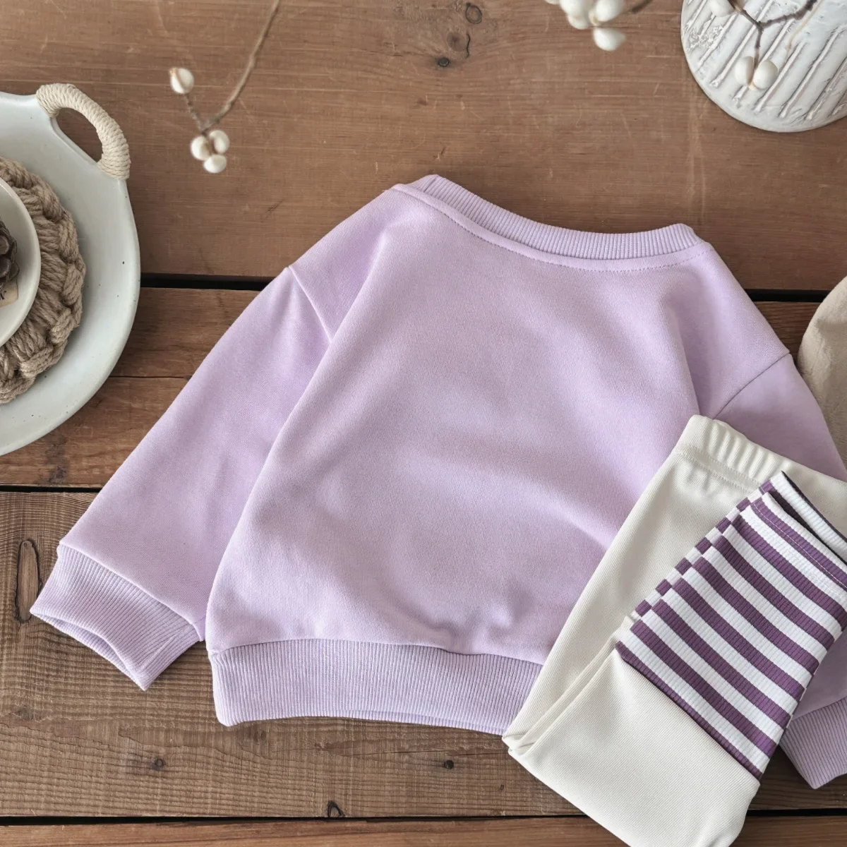 Baby Girl Spring Autumn Outfit Purple Flower Fleece Sweatshirt Striped Patchwork Pants Toddler 2Pcs Clothes Set