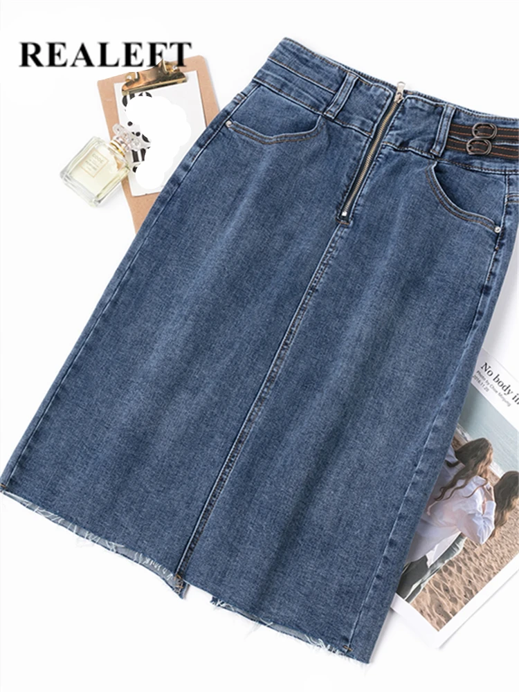 REALEFT Spring Summer 2022 New Denim Sheath Wrap Women's Skirts Zipper High Waist Pencil Midi Skirt Female Back Split Skirts