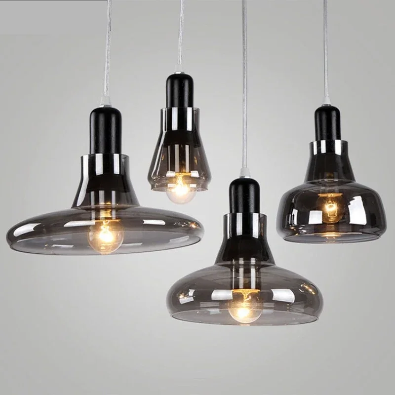 Modern Bauhaus Smoke Gray Glass Stone Flat Bottle Iron LED Pendant Lights Indoor Lamp for Living Room Home Decoration Chandelier