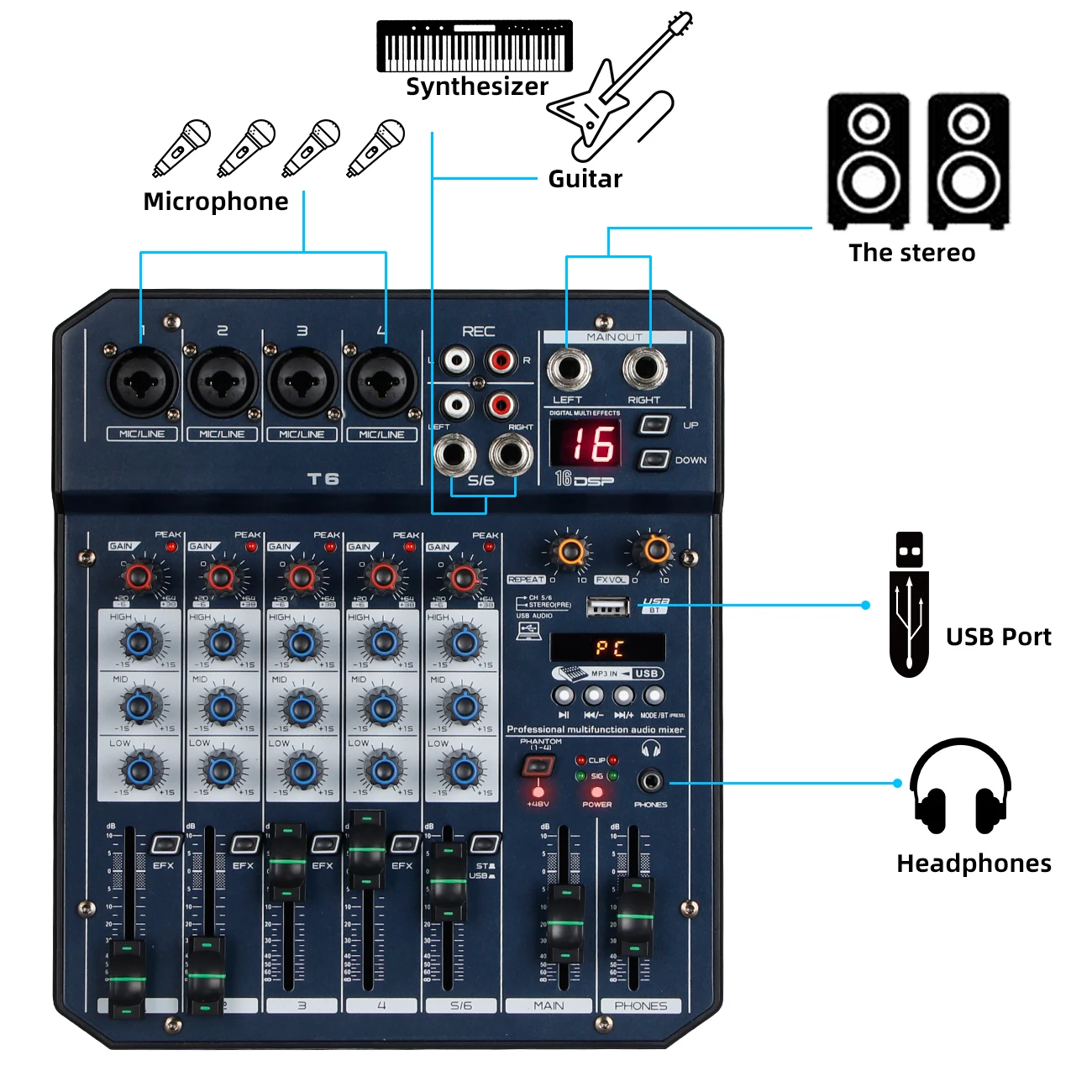 Imagem -04 - Depusheng-audio Mixer para pc Sound Table 6-channel Sound Card Processor 16dsp Sound Controller Interface para Gravação Streaming t6