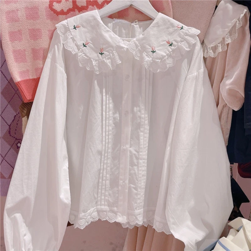 2024 Flower Jk Shirts Women Kawaii Peter Pan Collar Japanese Style Lolita White Lace  Blouse Student Top Daily Sweet Fashion